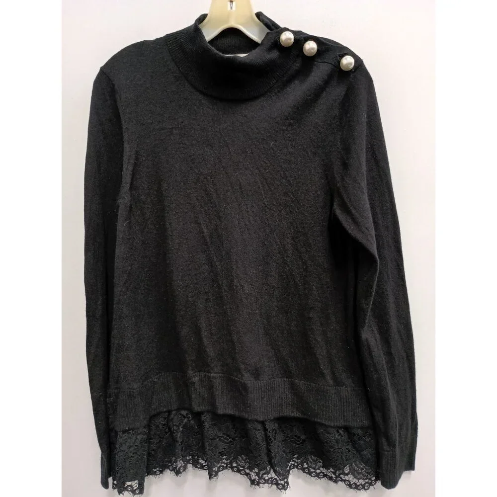 Kate Spade Broome Street Sweater Womens Medium‎ Black Wool Blend Lace Hem